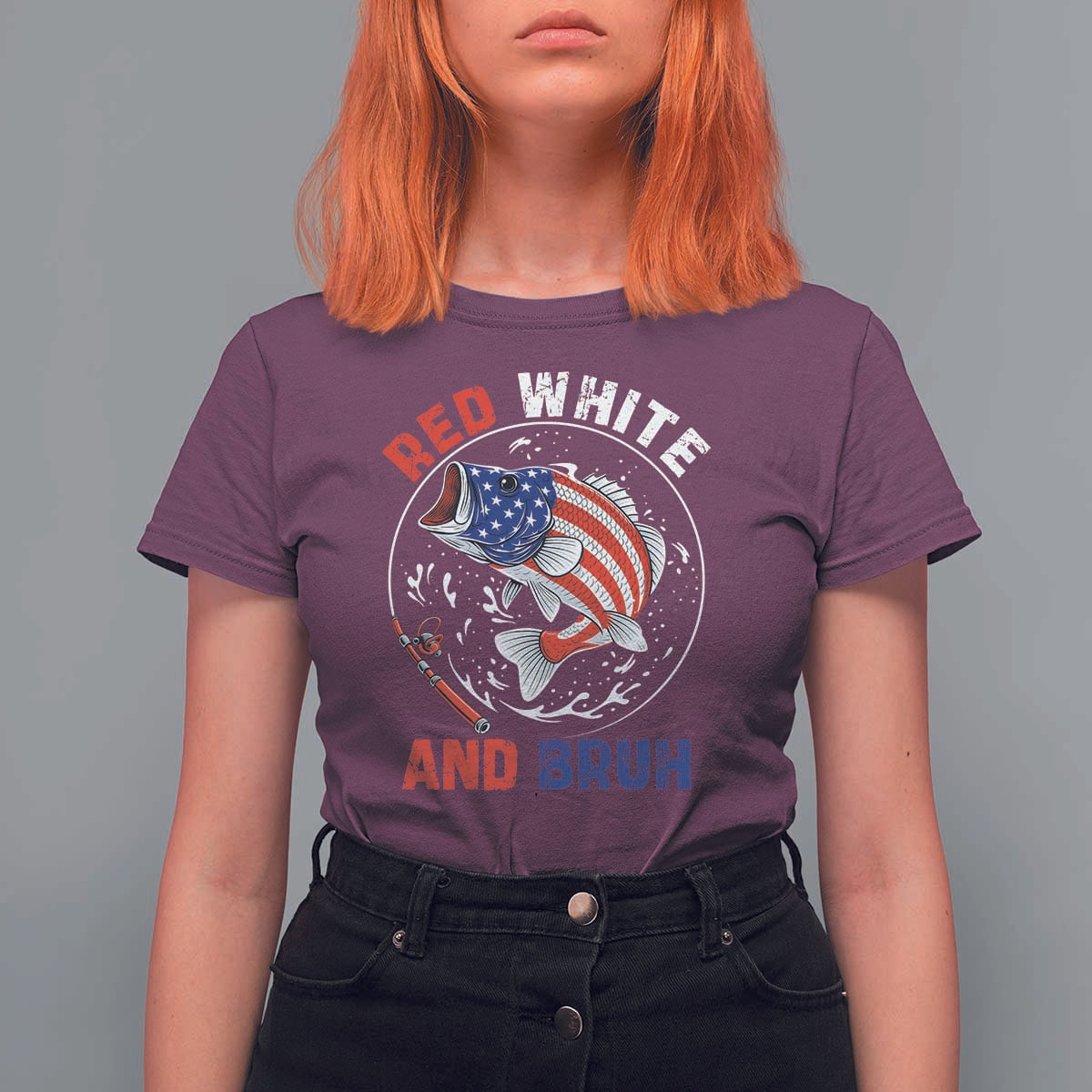 Red White And Bruh Fishing T Shirt For Women Funny Patriotic Bass 4th Of July American Flag