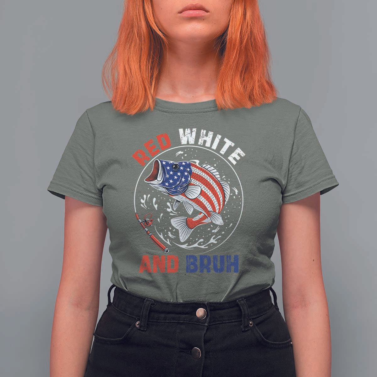 Red White And Bruh Fishing T Shirt For Women Funny Patriotic Bass 4th Of July American Flag