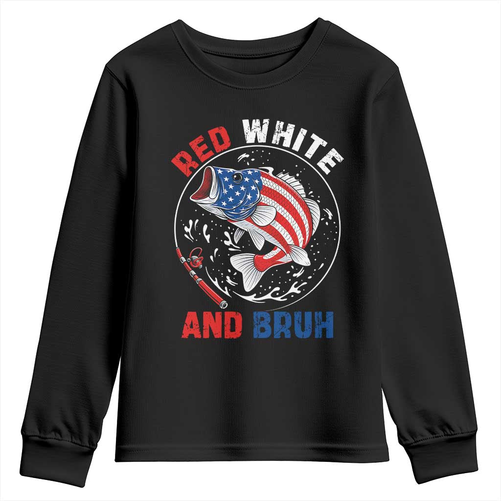 Red White And Bruh Fishing Youth Sweatshirt Funny Patriotic Bass 4th Of July American Flag