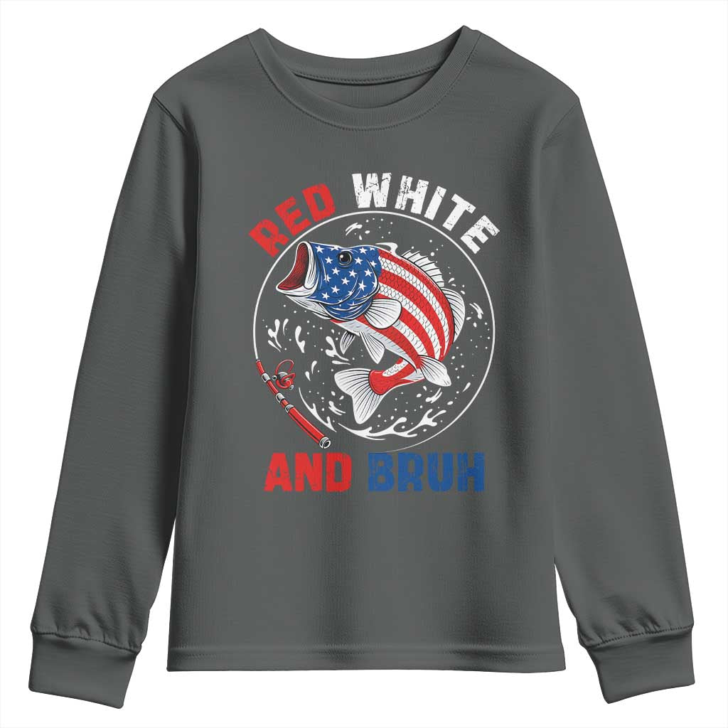 Red White And Bruh Fishing Youth Sweatshirt Funny Patriotic Bass 4th Of July American Flag