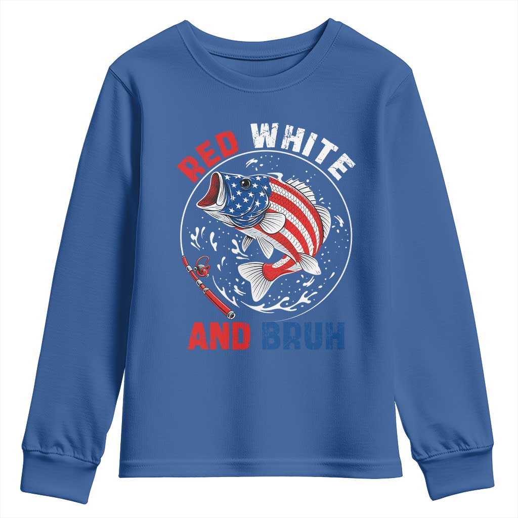 Red White And Bruh Fishing Youth Sweatshirt Funny Patriotic Bass 4th Of July American Flag