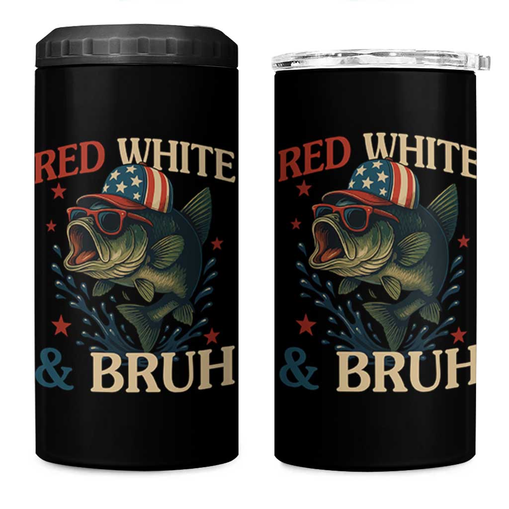 Retro Red White And Bruh Fishing 4 in 1 Can Cooler Tumbler Funny Patriotic Bass 4th Of July