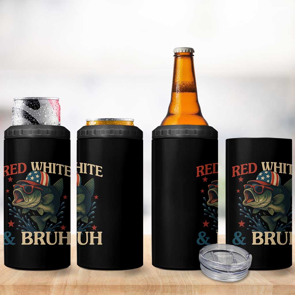 Retro Red White And Bruh Fishing 4 in 1 Can Cooler Tumbler Funny Patriotic Bass 4th Of July