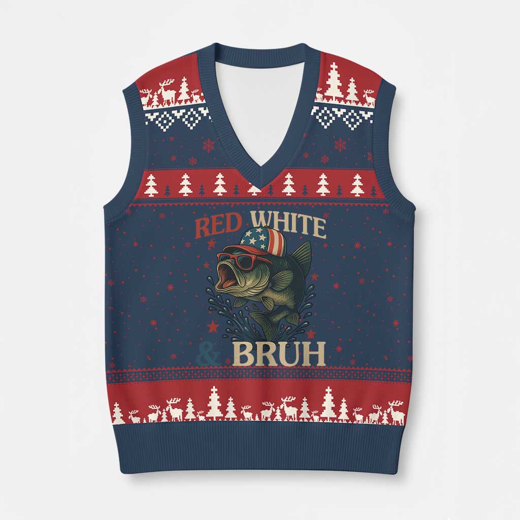 Retro Red White And Bruh Fishing V-Neck Knit Sweater Vest Funny Patriotic Bass 4th Of July - Wonder Print Shop