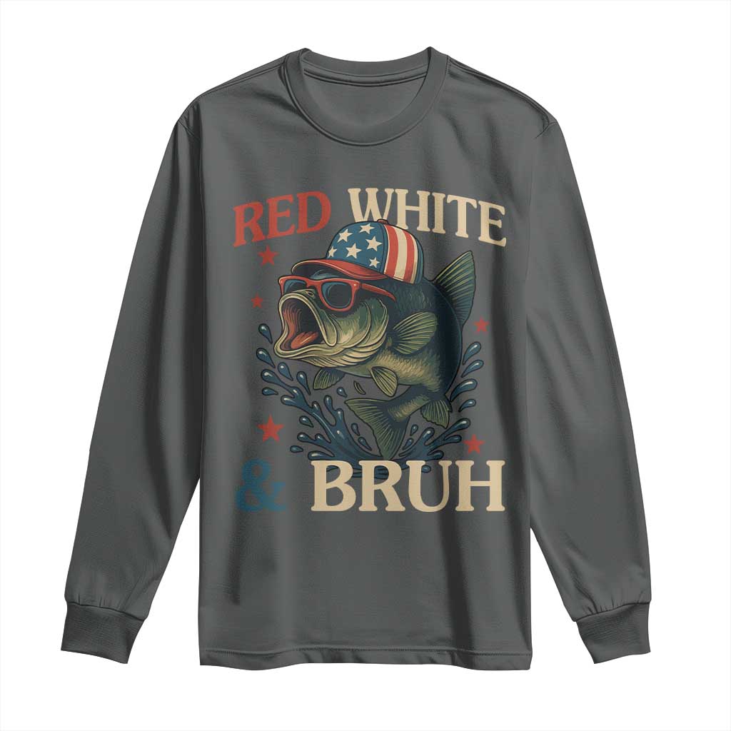 Retro Red White And Bruh Fishing Long Sleeve Shirt Funny Patriotic Bass 4th Of July