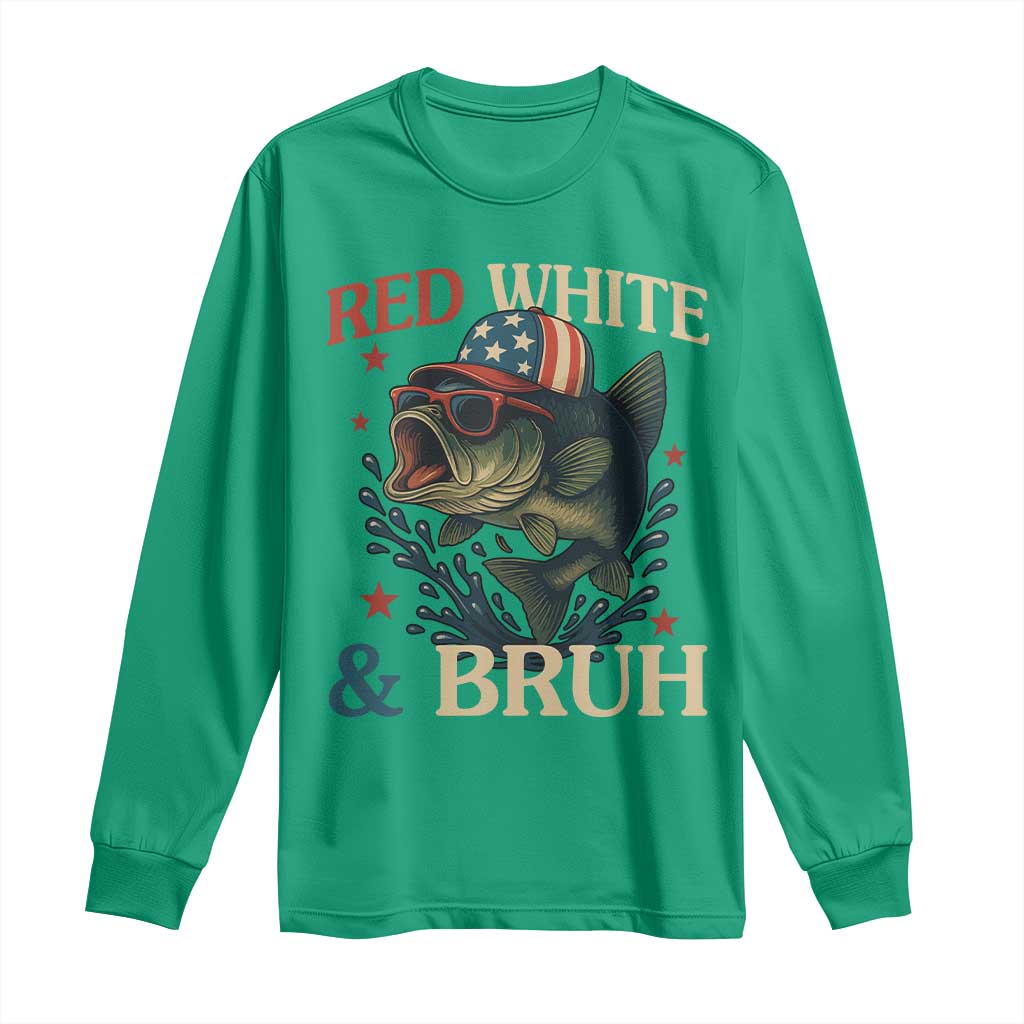 Retro Red White And Bruh Fishing Long Sleeve Shirt Funny Patriotic Bass 4th Of July