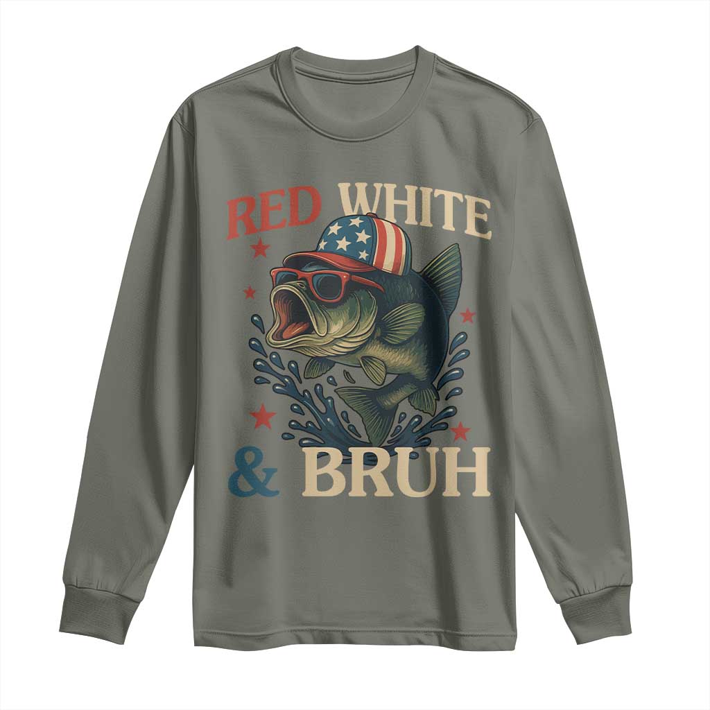 Retro Red White And Bruh Fishing Long Sleeve Shirt Funny Patriotic Bass 4th Of July