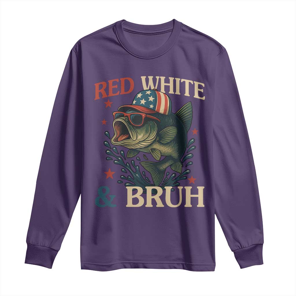 Retro Red White And Bruh Fishing Long Sleeve Shirt Funny Patriotic Bass 4th Of July