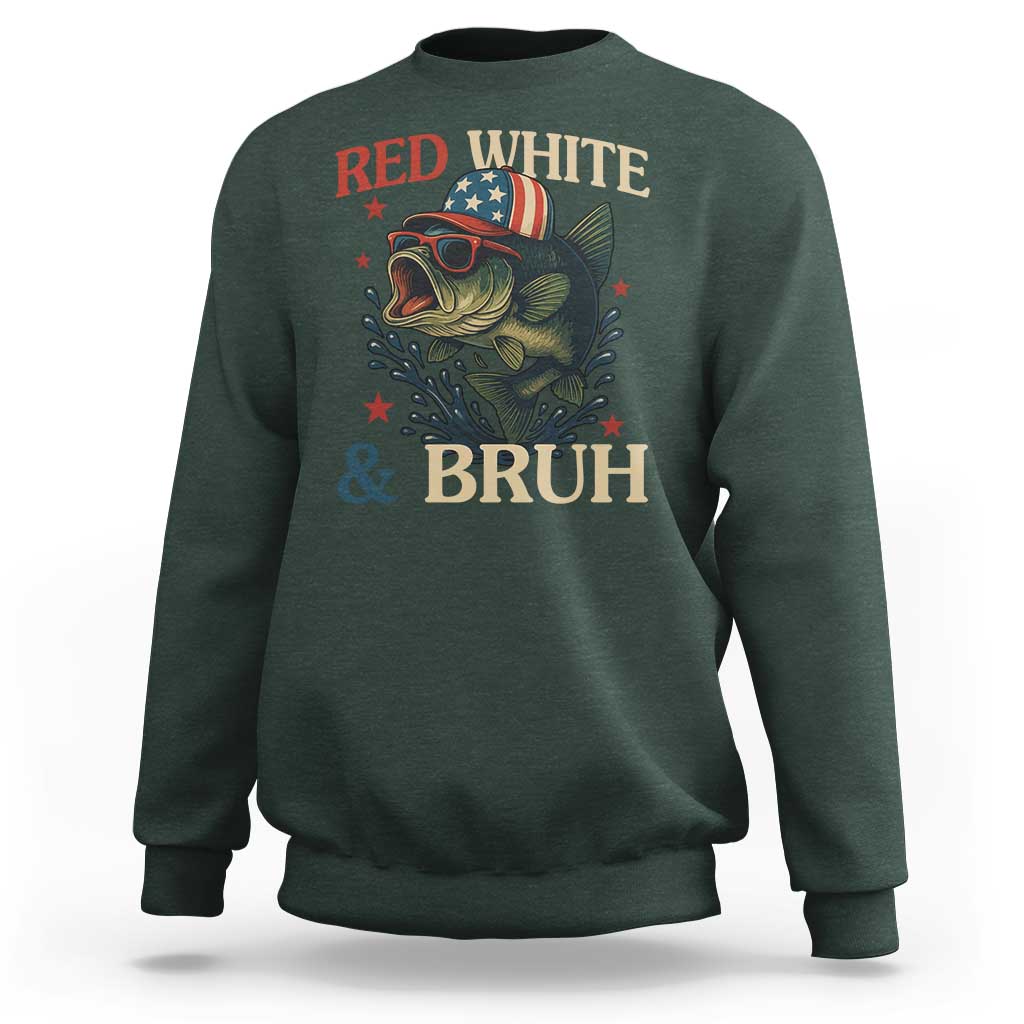 Retro Red White And Bruh Fishing Sweatshirt Funny Patriotic Bass 4th Of July