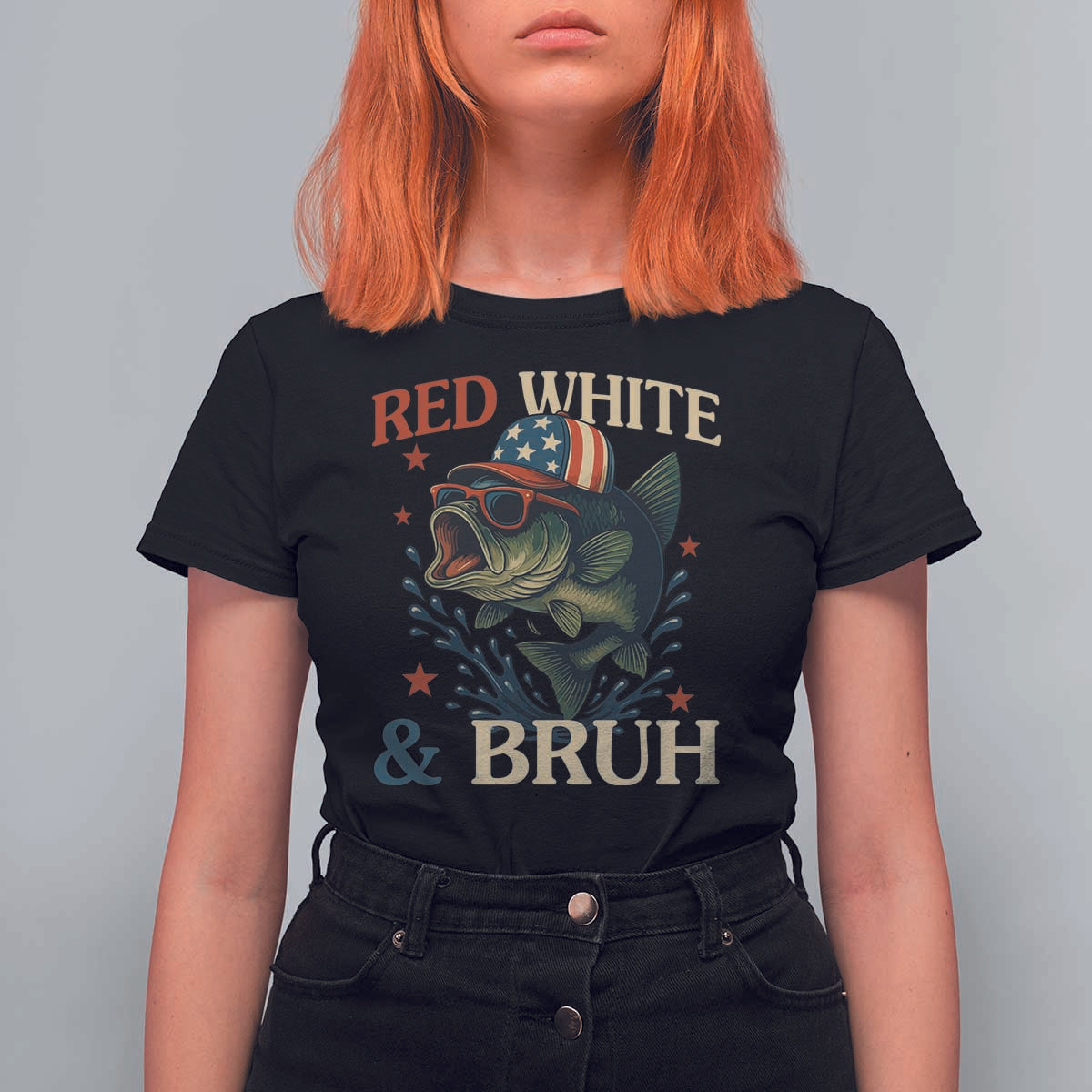 Retro Red White And Bruh Fishing T Shirt For Women Funny Patriotic Bass 4th Of July