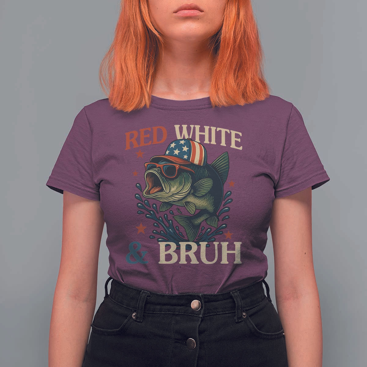 Retro Red White And Bruh Fishing T Shirt For Women Funny Patriotic Bass 4th Of July