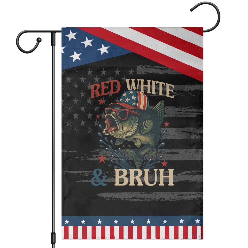 Retro Red White And Bruh Fishing Garden Flag Funny Patriotic Bass 4th Of July