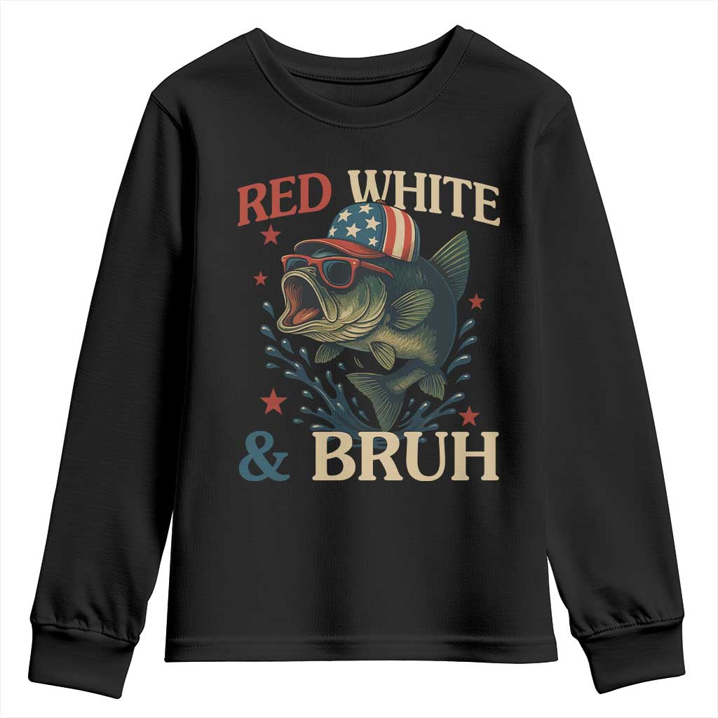 Retro Red White And Bruh Fishing Youth Sweatshirt Funny Patriotic Bass 4th Of July