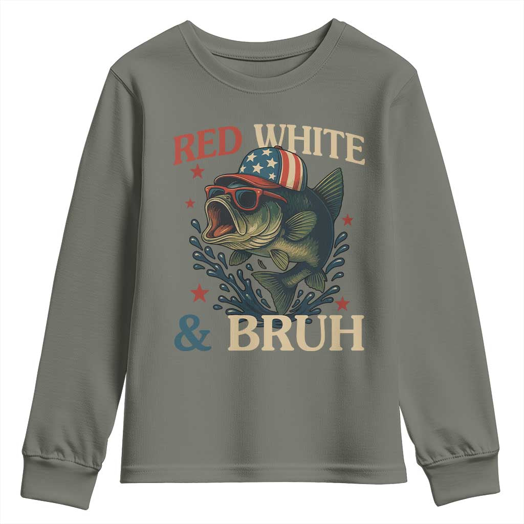 Retro Red White And Bruh Fishing Youth Sweatshirt Funny Patriotic Bass 4th Of July
