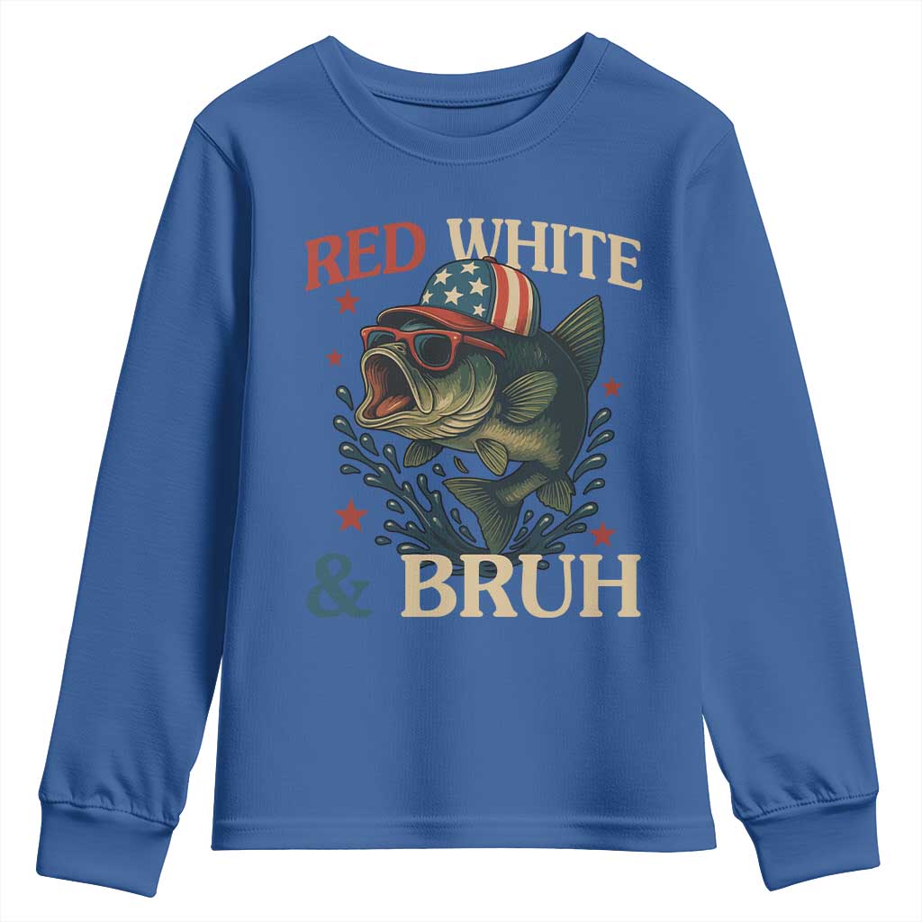 Retro Red White And Bruh Fishing Youth Sweatshirt Funny Patriotic Bass 4th Of July