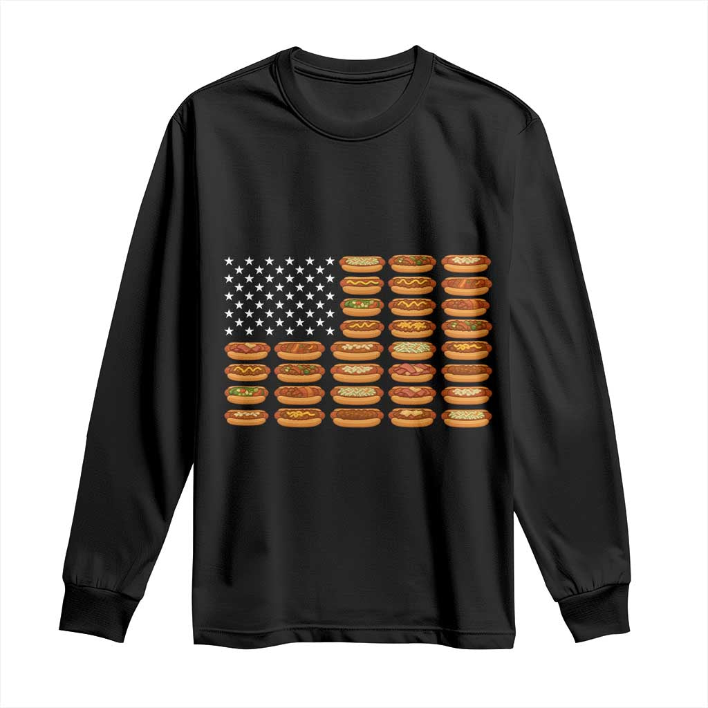 Funny Hot Dog American Flag Long Sleeve Shirt Patriotic USA 4th of July Summer BBQ Party - Wonder Print Shop