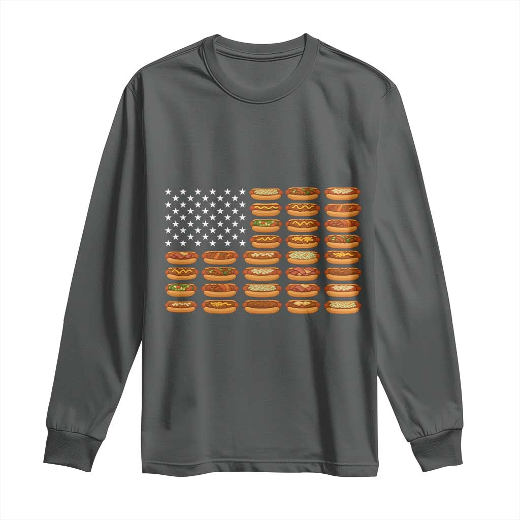 Funny Hot Dog American Flag Long Sleeve Shirt Patriotic USA 4th of July Summer BBQ Party - Wonder Print Shop