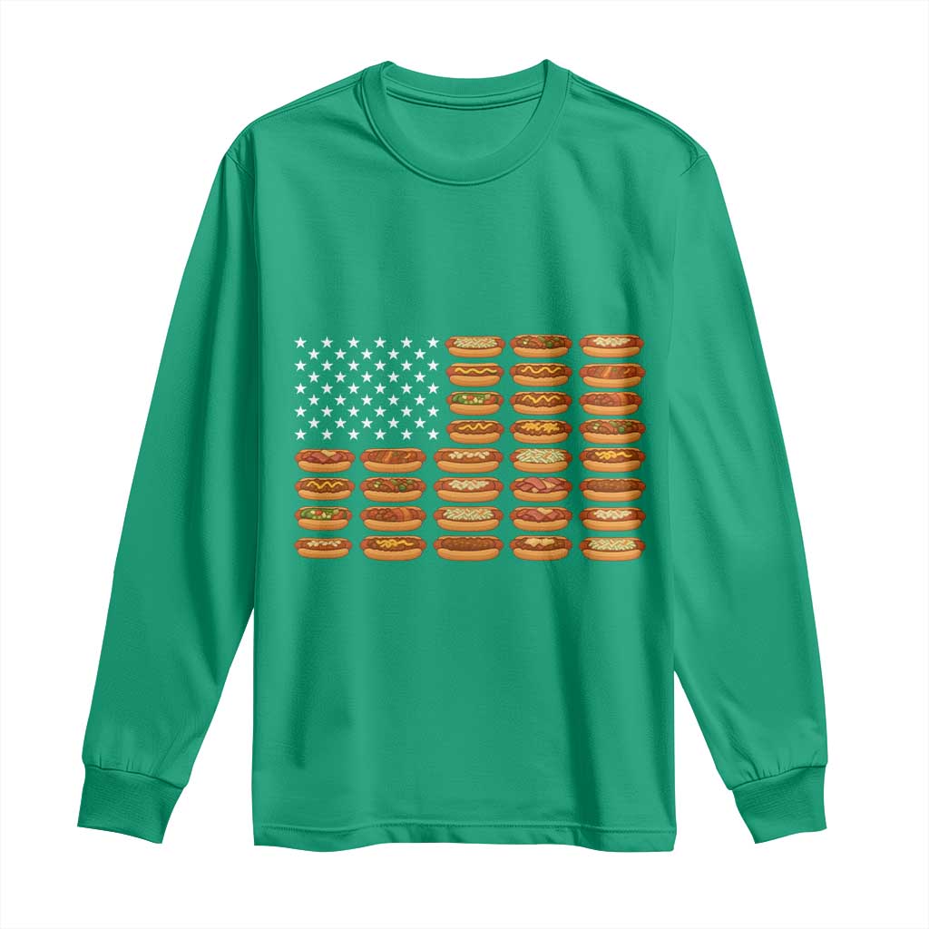 Funny Hot Dog American Flag Long Sleeve Shirt Patriotic USA 4th of July Summer BBQ Party - Wonder Print Shop