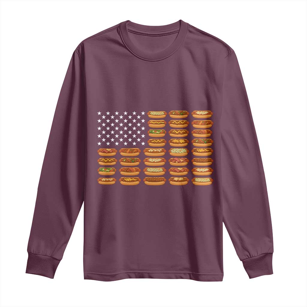 Funny Hot Dog American Flag Long Sleeve Shirt Patriotic USA 4th of July Summer BBQ Party - Wonder Print Shop