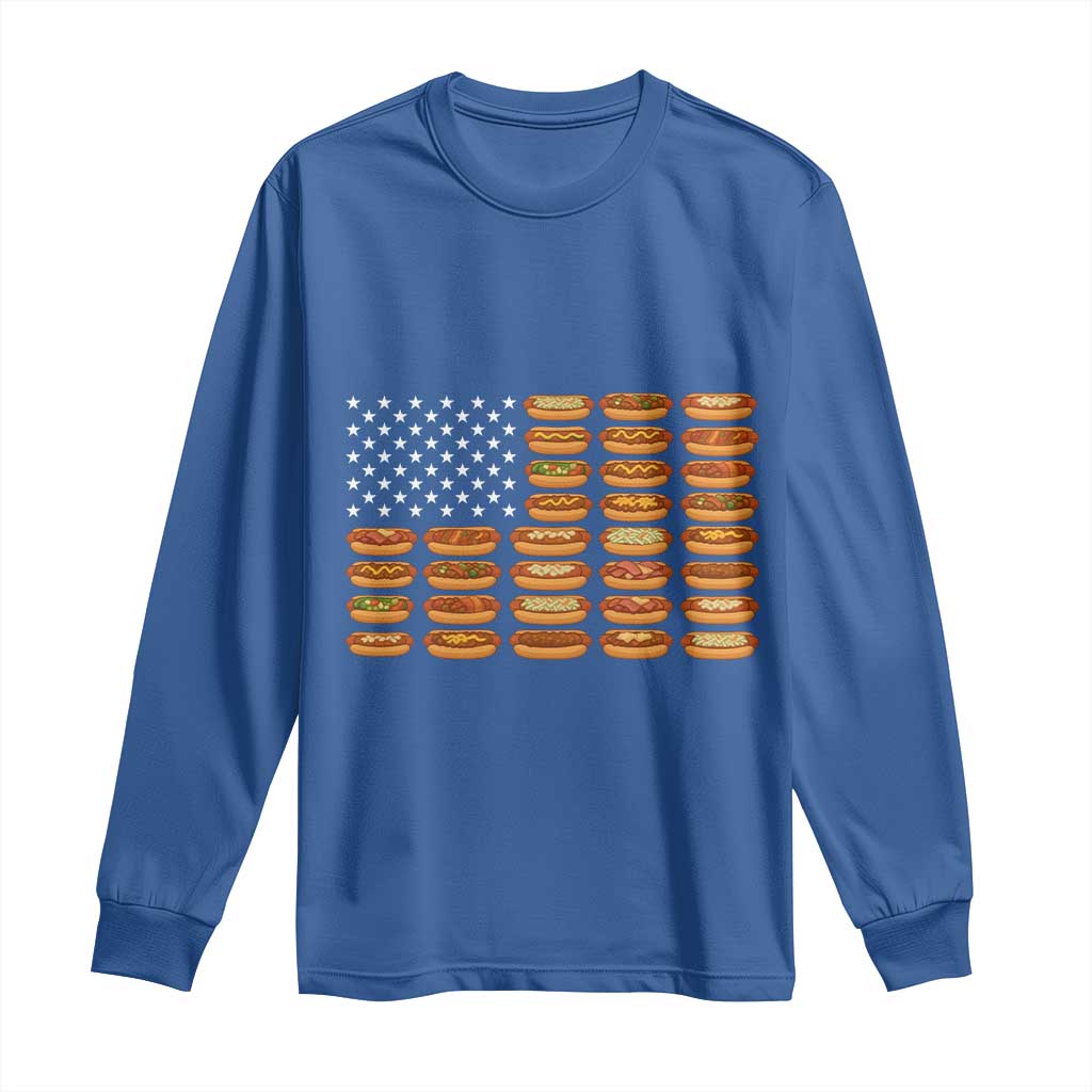 Funny Hot Dog American Flag Long Sleeve Shirt Patriotic USA 4th of July Summer BBQ Party - Wonder Print Shop
