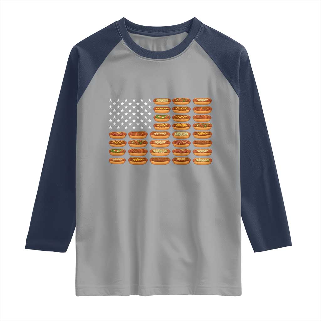 Funny Hot Dog American Flag Raglan Shirt Patriotic USA 4th of July Summer BBQ Party - Wonder Print Shop