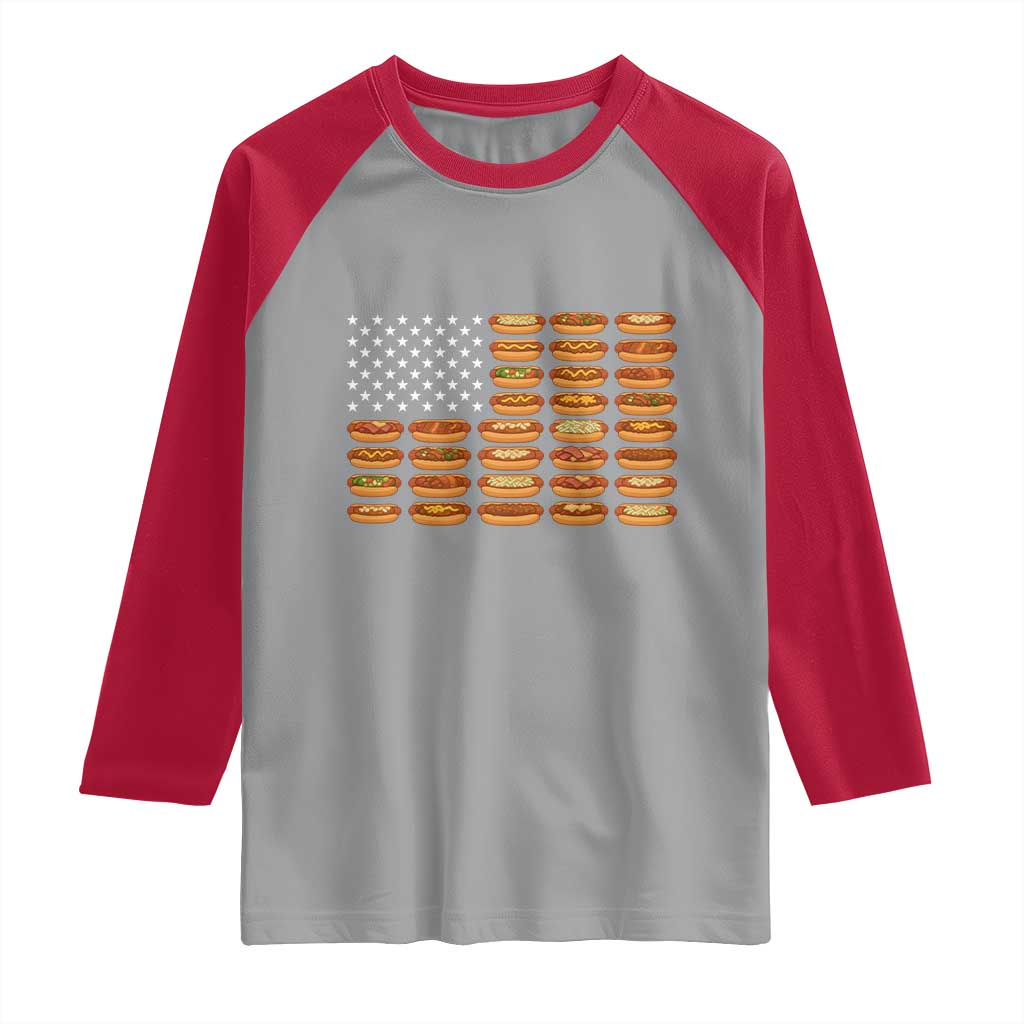 Funny Hot Dog American Flag Raglan Shirt Patriotic USA 4th of July Summer BBQ Party - Wonder Print Shop
