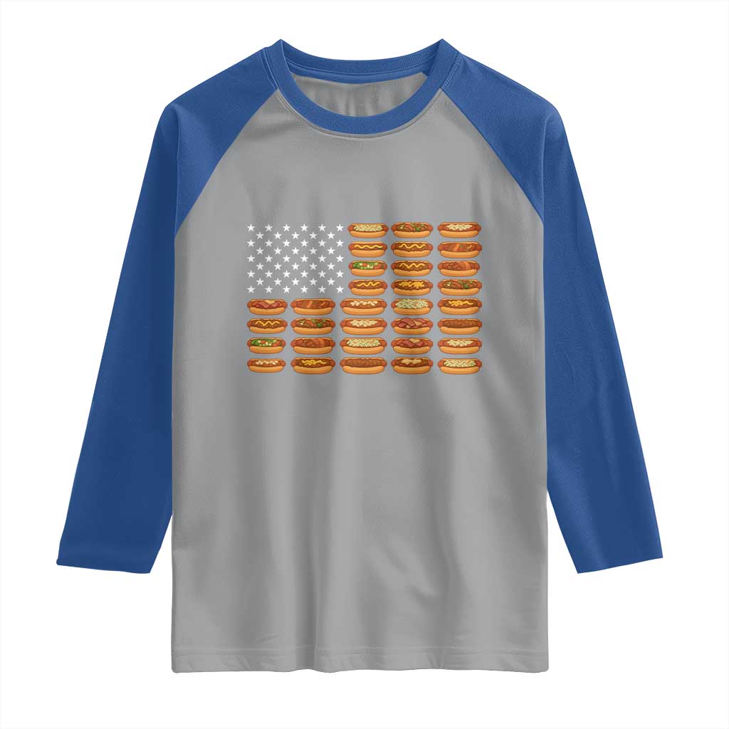 Funny Hot Dog American Flag Raglan Shirt Patriotic USA 4th of July Summer BBQ Party - Wonder Print Shop