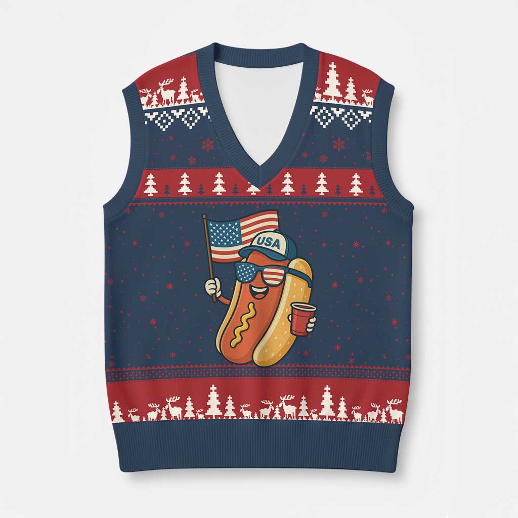 Cool Patriotic Hot Dog V-Neck Knit Sweater Vest Funny 4th of July Cookout 4th of July American Flag - Wonder Print Shop