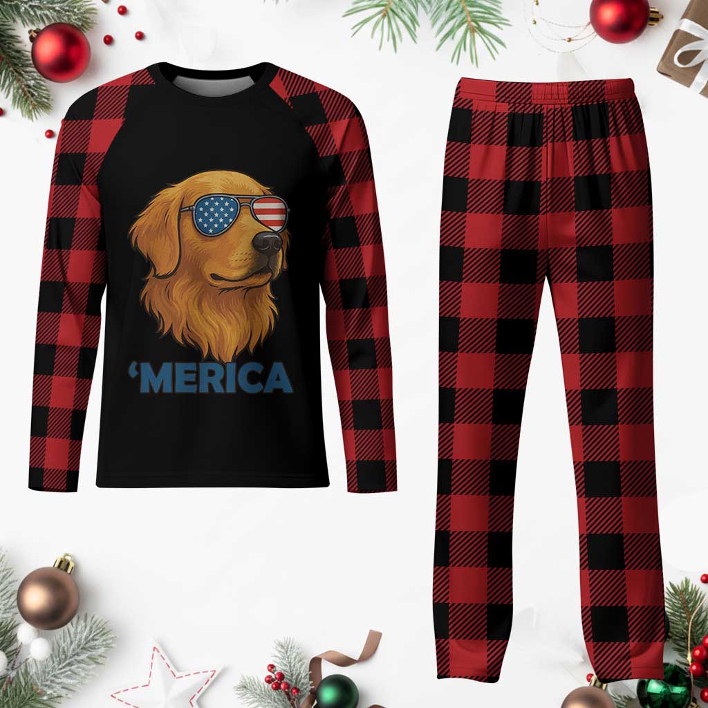 Patriotic Dog 'Merica Plaid Pajama Set Golden Retriever Sunglasses Funny 4th Of July - Wonder Print Shop