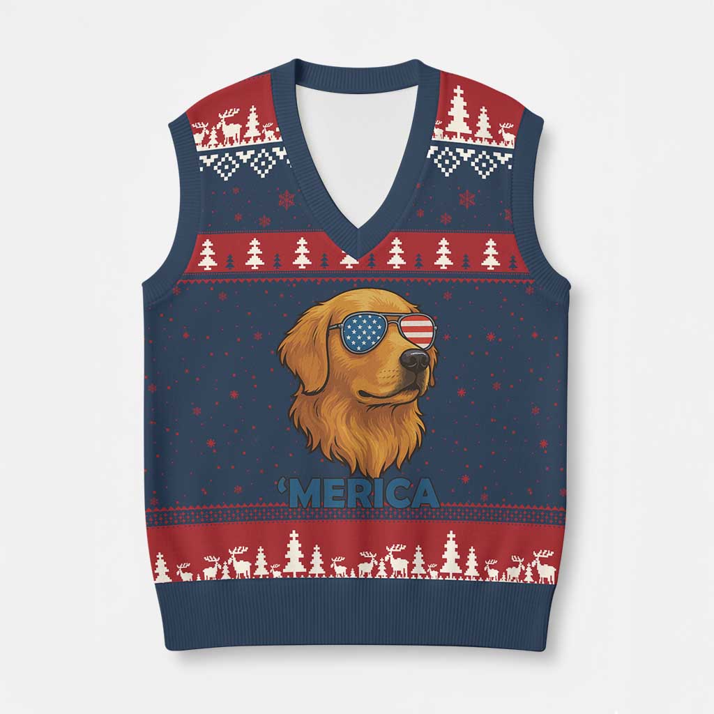 Patriotic Dog 'Merica V-Neck Knit Sweater Vest Golden Retriever Sunglasses Funny 4th Of July - Wonder Print Shop