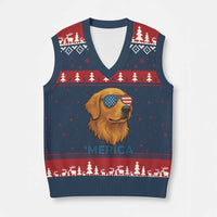 Patriotic Dog 'Merica V-Neck Knit Sweater Vest Golden Retriever Sunglasses Funny 4th Of July - Wonder Print Shop