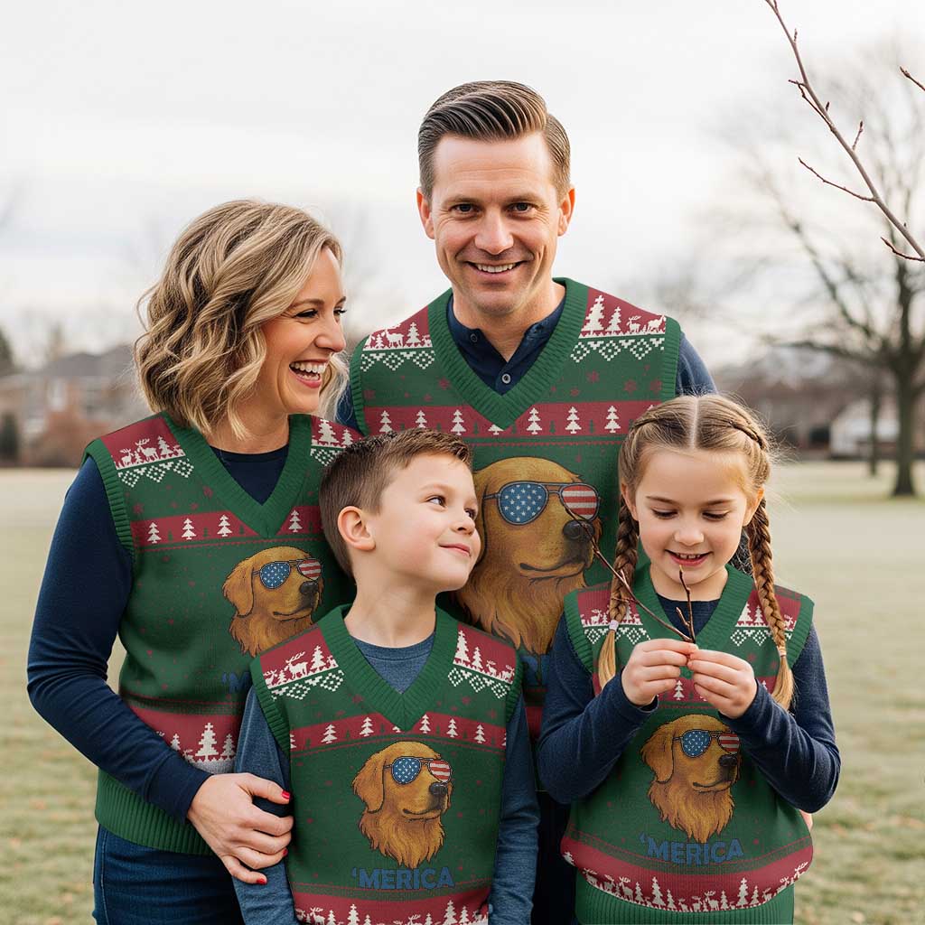 Patriotic Dog 'Merica V-Neck Knit Sweater Vest Golden Retriever Sunglasses Funny 4th Of July - Wonder Print Shop