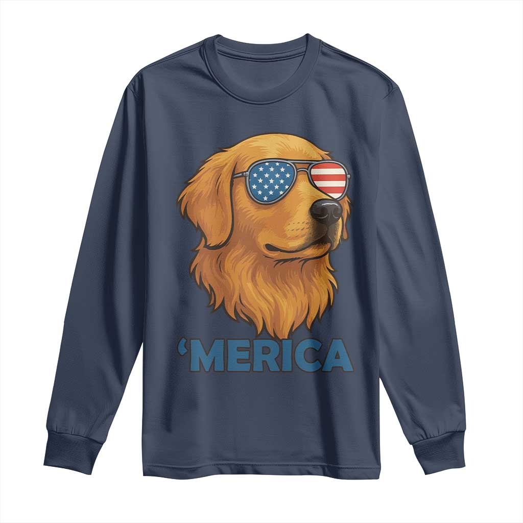Patriotic Dog 'Merica Long Sleeve Shirt Golden Retriever Sunglasses Funny 4th Of July - Wonder Print Shop