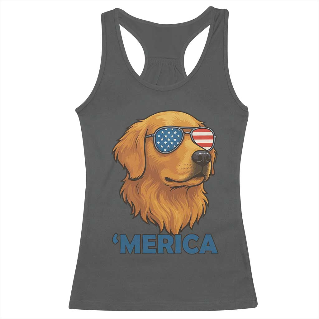 Patriotic Dog 'Merica Racerback Tank Top Golden Retriever Sunglasses Funny 4th Of July - Wonder Print Shop