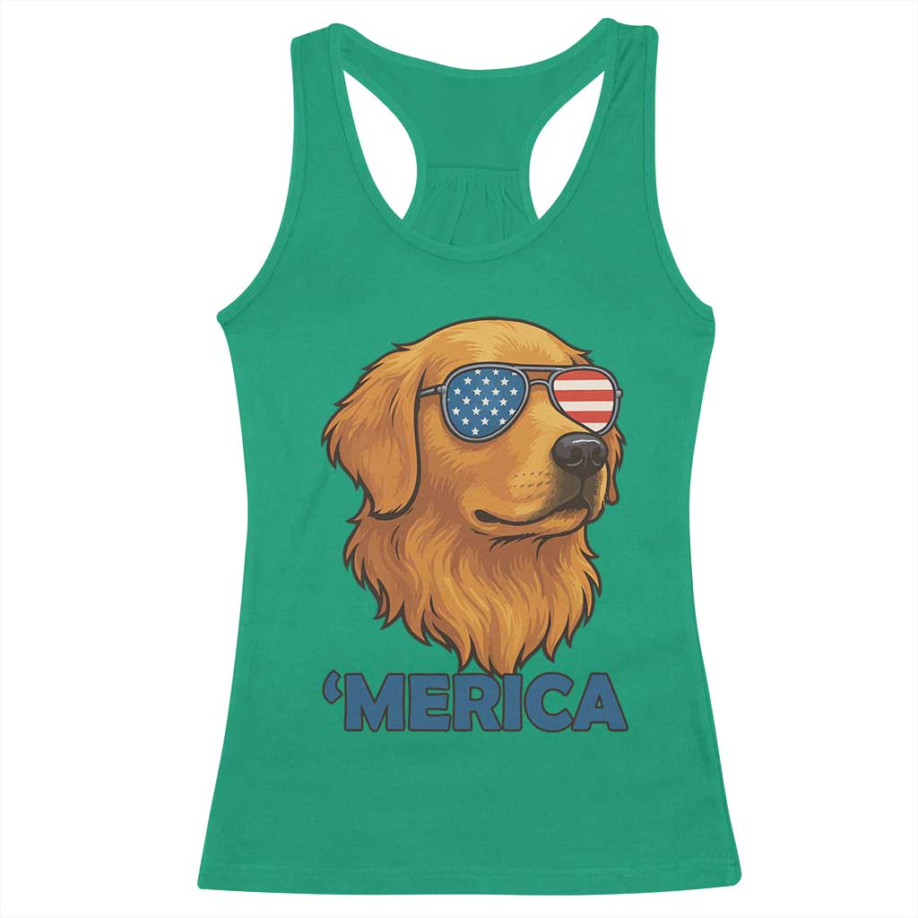 Patriotic Dog 'Merica Racerback Tank Top Golden Retriever Sunglasses Funny 4th Of July - Wonder Print Shop
