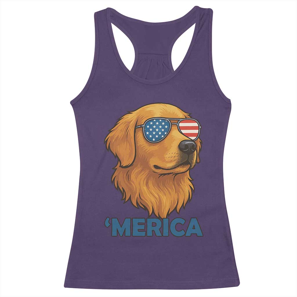 Patriotic Dog 'Merica Racerback Tank Top Golden Retriever Sunglasses Funny 4th Of July - Wonder Print Shop