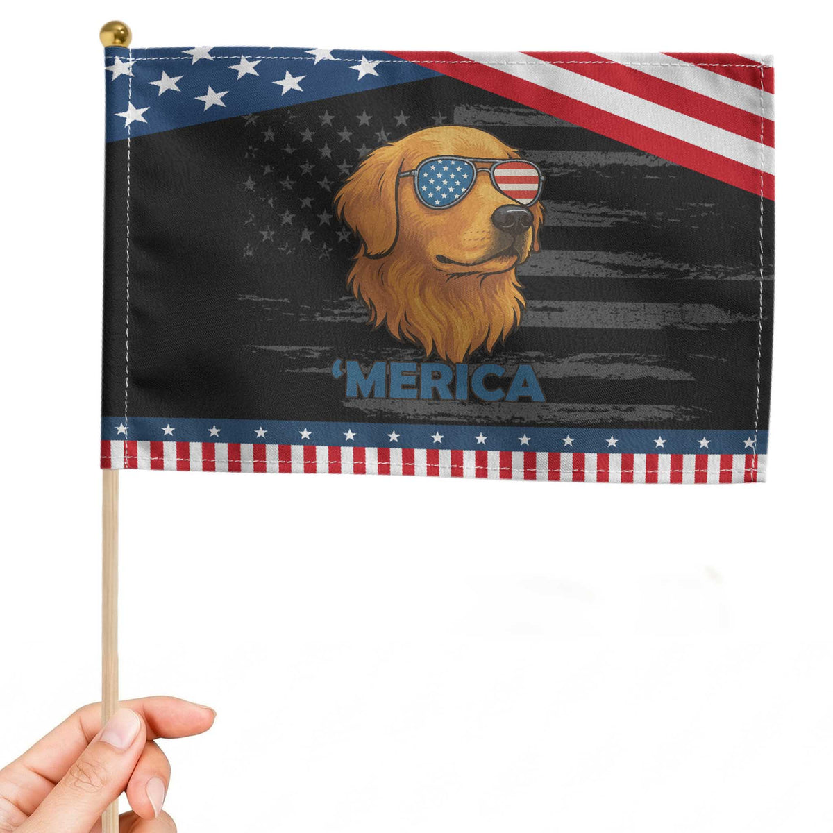 Patriotic Dog 'Merica Patriotic Handheld Flag Golden Retriever Sunglasses Funny 4th Of July