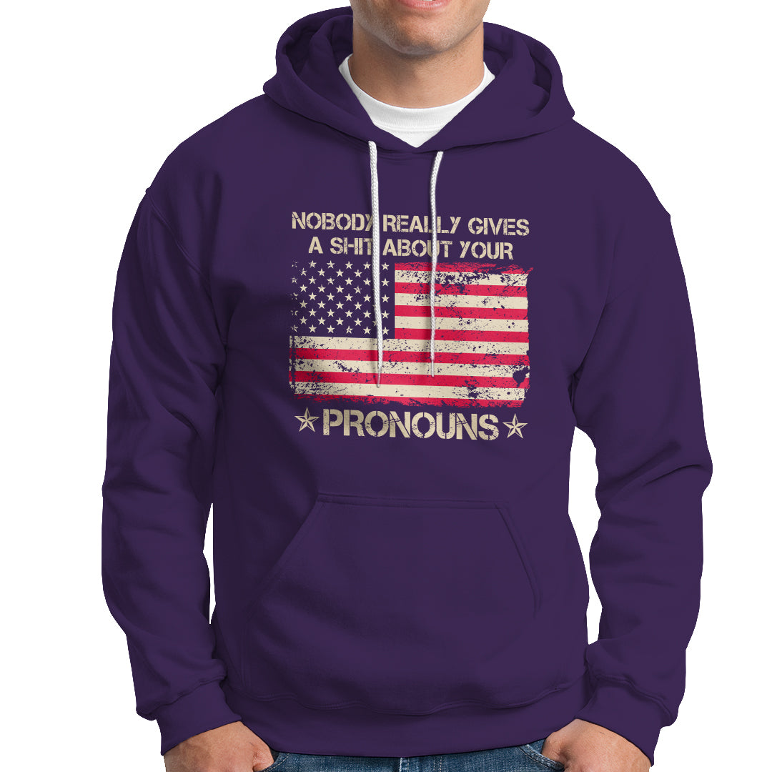Funny Pronoun Hoodie Nobody Really Gives A Shit About Your Pronouns Distressed American Flag - Wonder Print Shop