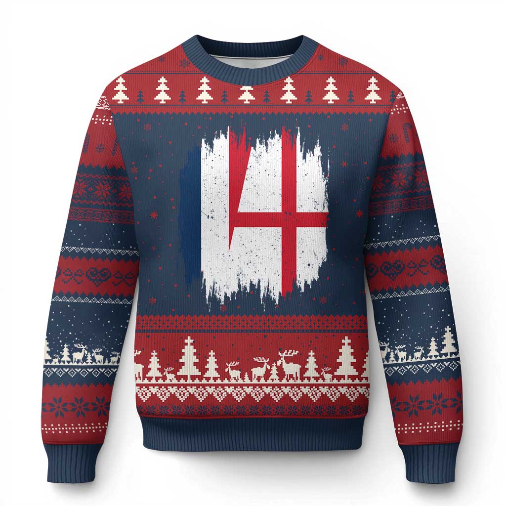 Vintage Grunge France England Flag Brush Stroke Graphic Ugly Christmas Sweater French Anglo English Heritage Pride Match Day