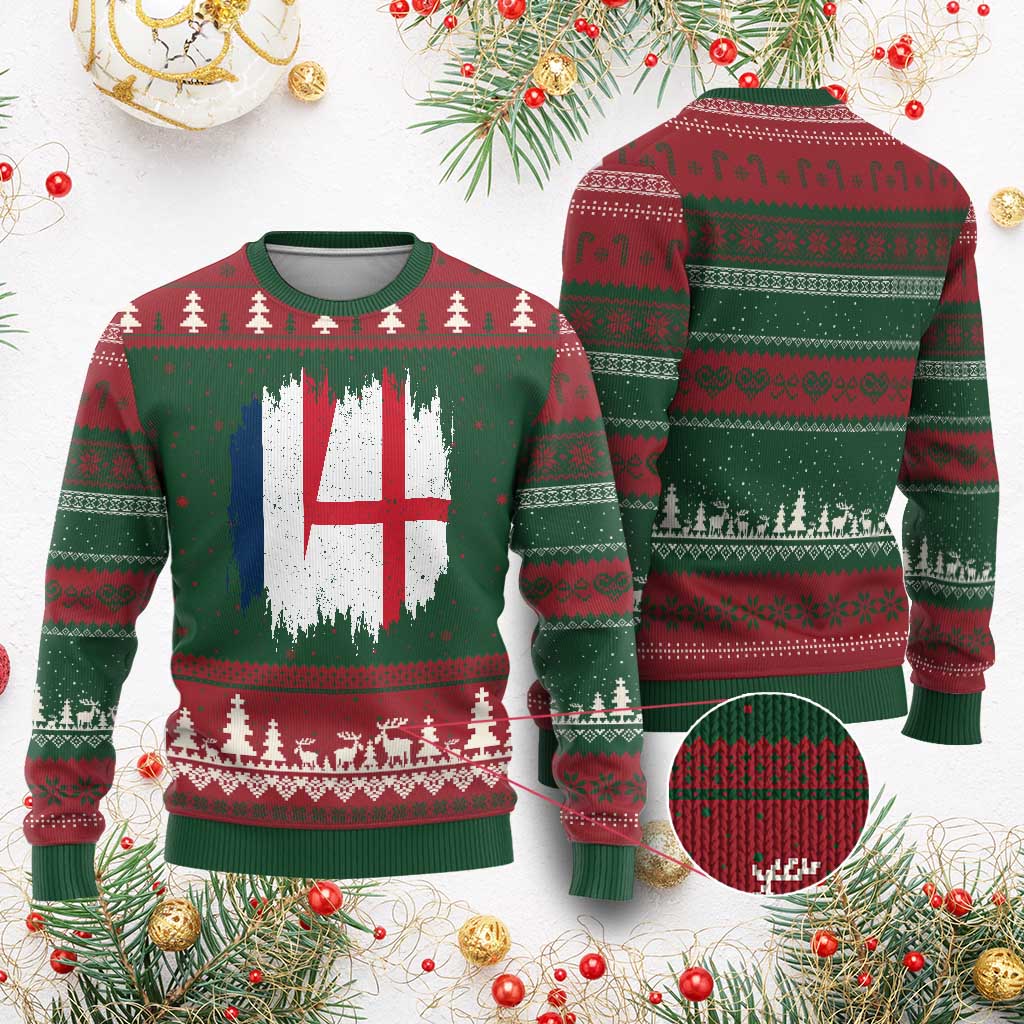 Vintage Grunge France England Flag Brush Stroke Graphic Ugly Christmas Sweater French Anglo English Heritage Pride Match Day