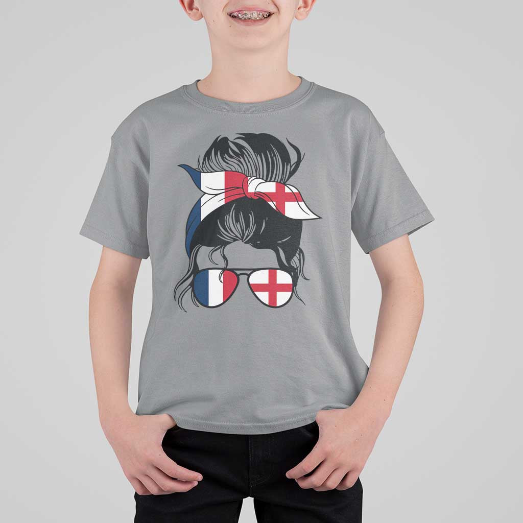 Proud France England Flag Messy Bun Bandana Sunglasses Graphic T Shirt For Kid French Anglo English Heritage Roots Woman