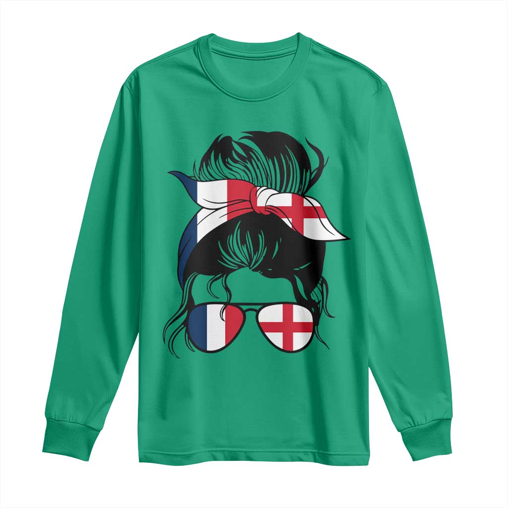 Proud France England Flag Messy Bun Bandana Sunglasses Graphic Long Sleeve Shirt French Anglo English Heritage Roots Woman
