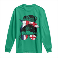 Proud France England Flag Messy Bun Bandana Sunglasses Graphic Long Sleeve Shirt French Anglo English Heritage Roots Woman