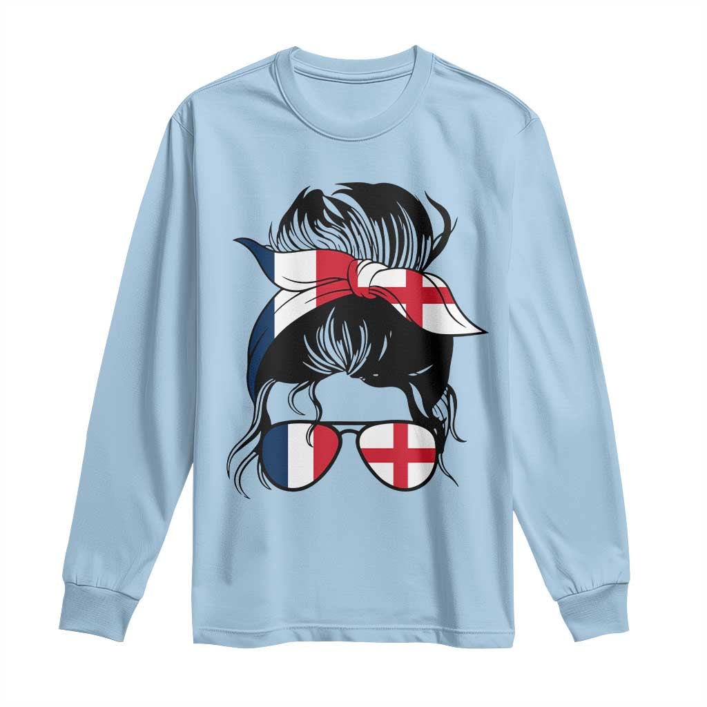 Proud France England Flag Messy Bun Bandana Sunglasses Graphic Long Sleeve Shirt French Anglo English Heritage Roots Woman