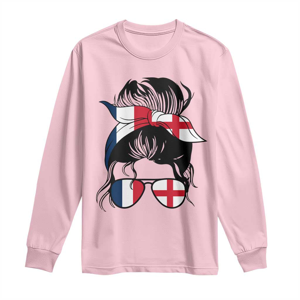 Proud France England Flag Messy Bun Bandana Sunglasses Graphic Long Sleeve Shirt French Anglo English Heritage Roots Woman