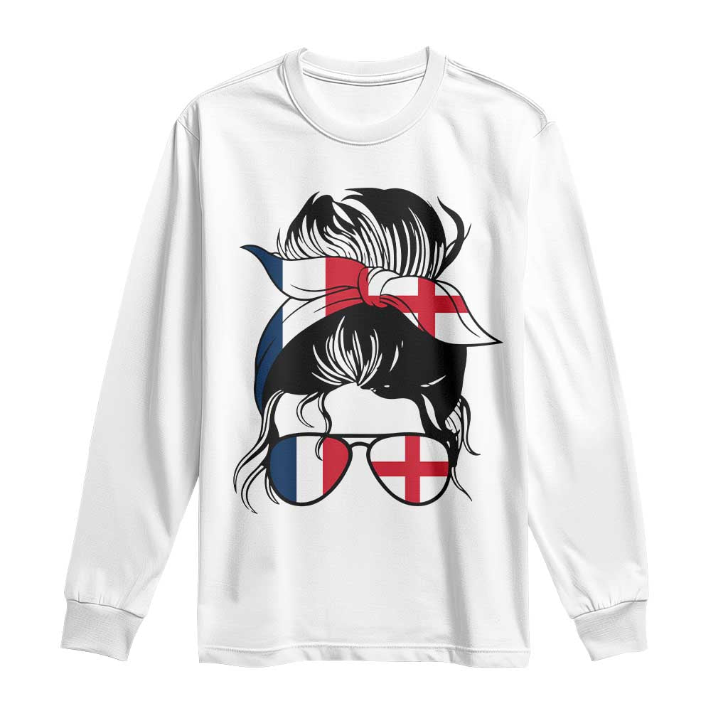 Proud France England Flag Messy Bun Bandana Sunglasses Graphic Long Sleeve Shirt French Anglo English Heritage Roots Woman