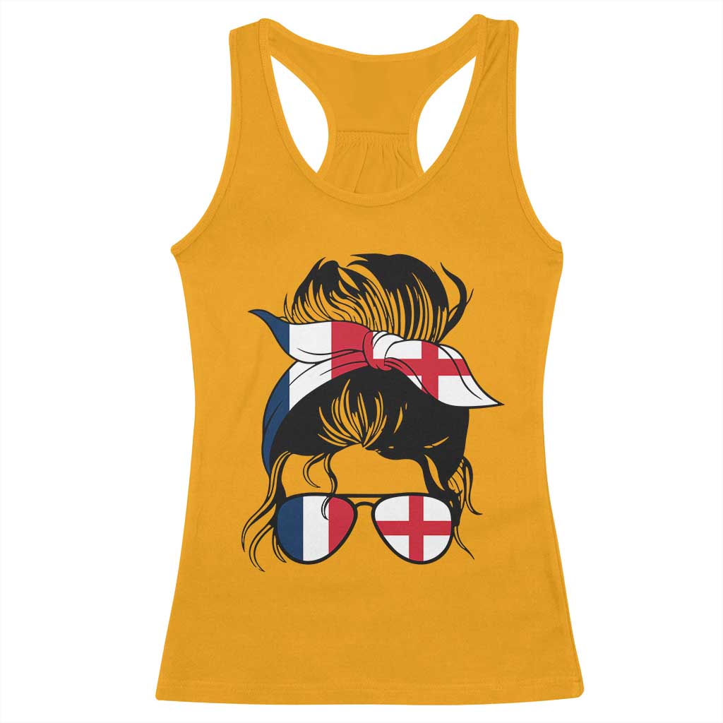 Proud France England Flag Messy Bun Bandana Sunglasses Graphic Racerback Tank Top French Anglo English Heritage Roots Woman