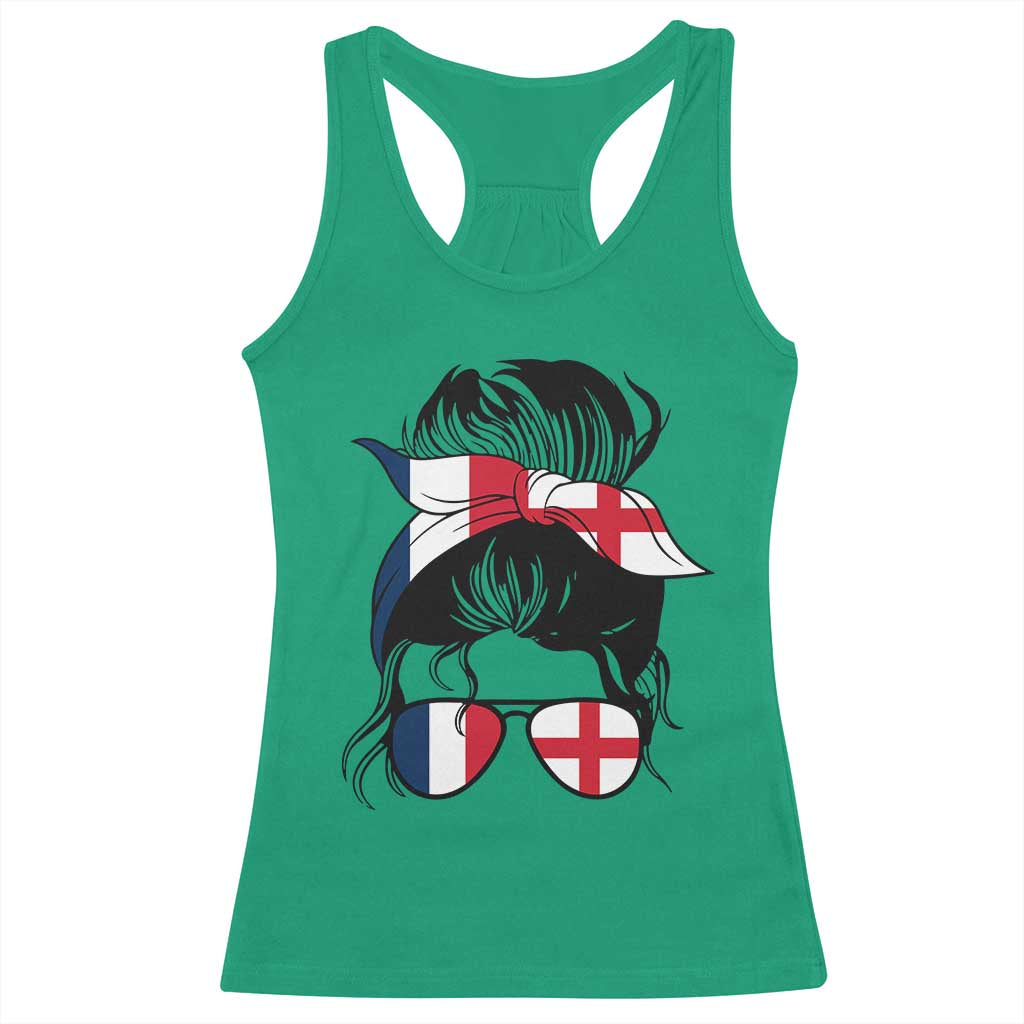 Proud France England Flag Messy Bun Bandana Sunglasses Graphic Racerback Tank Top French Anglo English Heritage Roots Woman