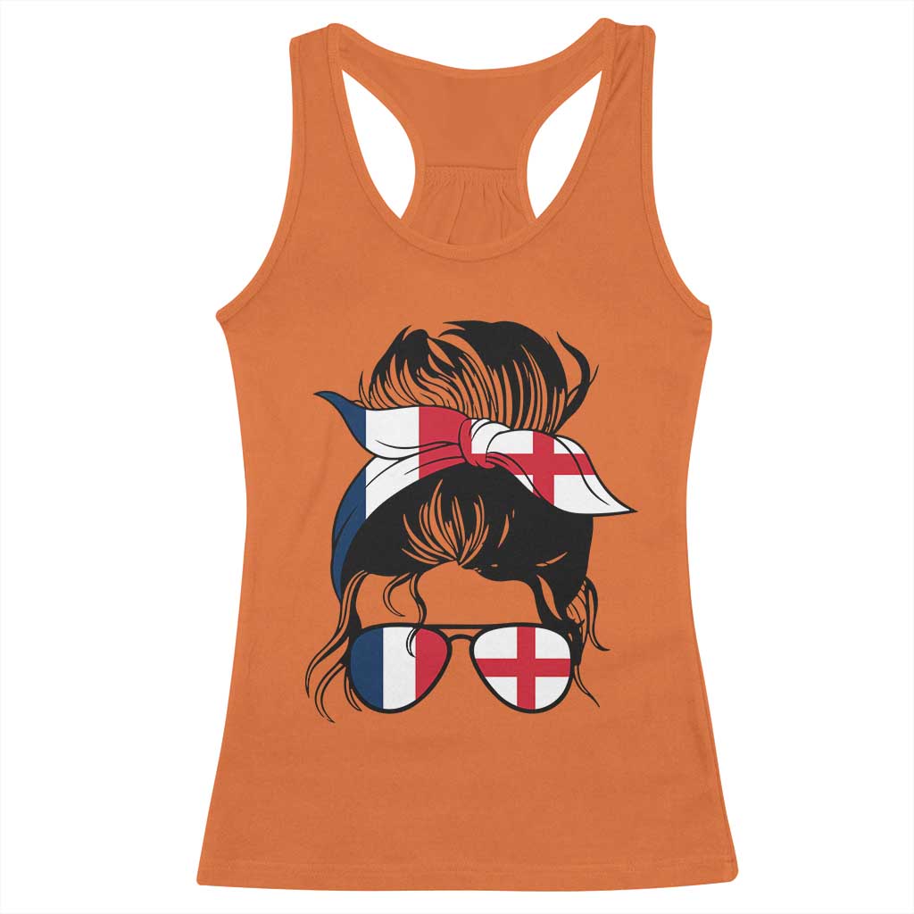 Proud France England Flag Messy Bun Bandana Sunglasses Graphic Racerback Tank Top French Anglo English Heritage Roots Woman