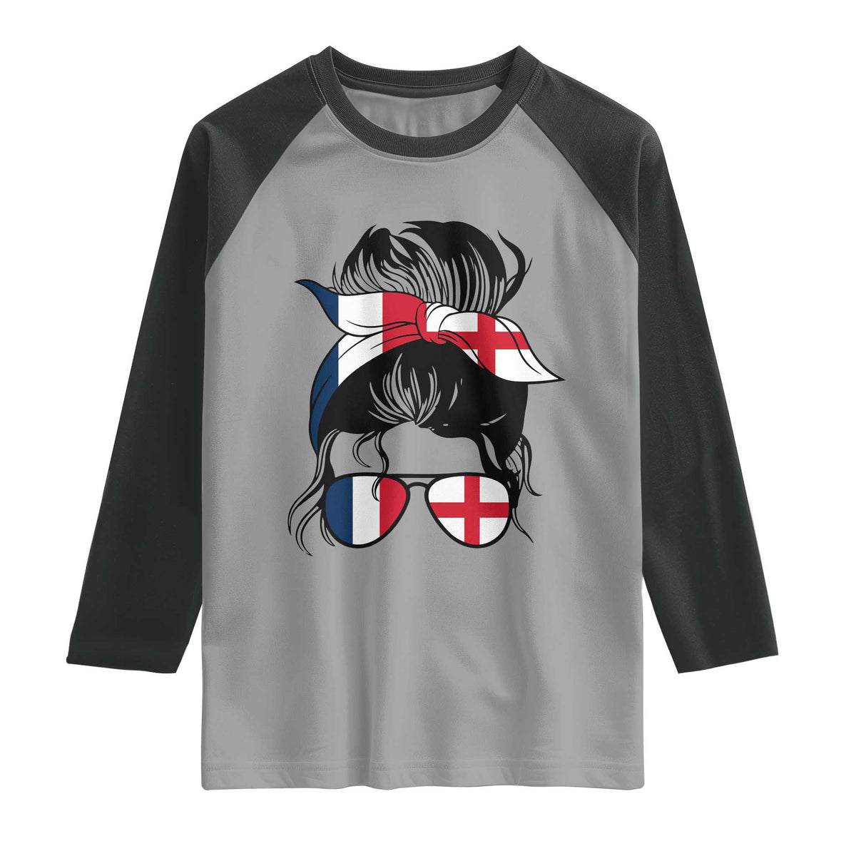 Proud France England Flag Messy Bun Bandana Sunglasses Graphic Raglan Shirt French Anglo English Heritage Roots Woman
